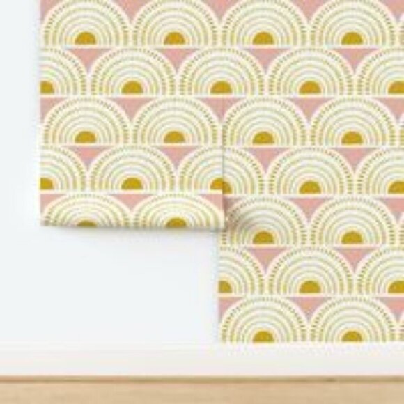 Spoonflower Prepasted Removable Smooth Wallpaper Aurora- Blush and Goldenrod Geo - Picture 2 of 7